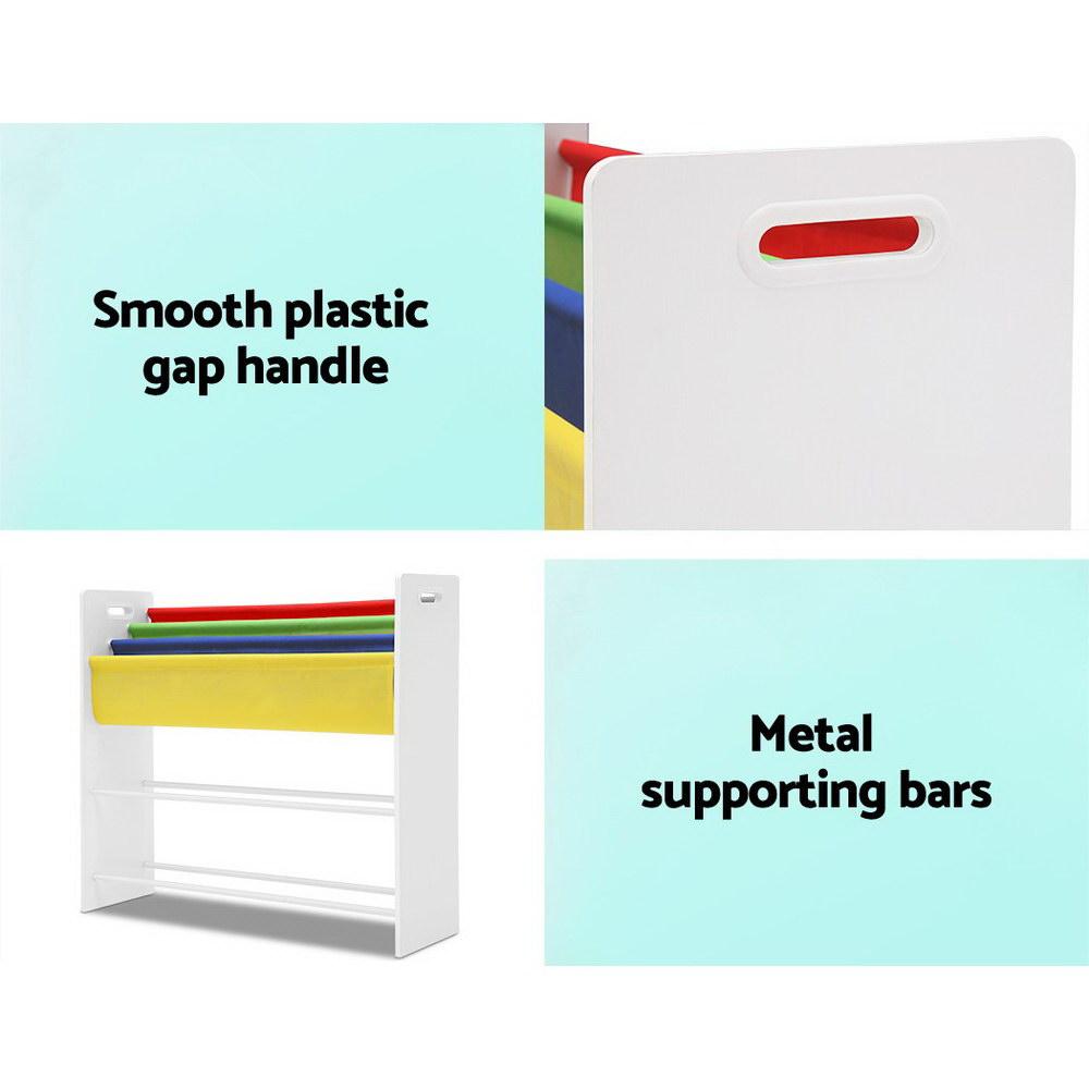 Keezi Kids Bookcase featuring three shelves and six colorful removable storage boxes, designed for children's books and toy organization.